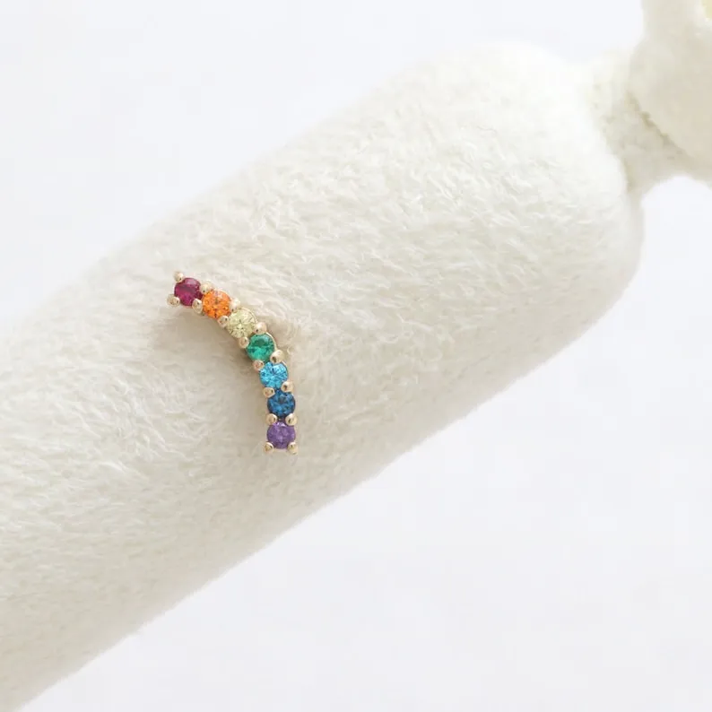 14K 18K Solid Gold Rainbow Cz Curved Bar Ear Stud Cartilage Tragus Helix Barbell Piercing