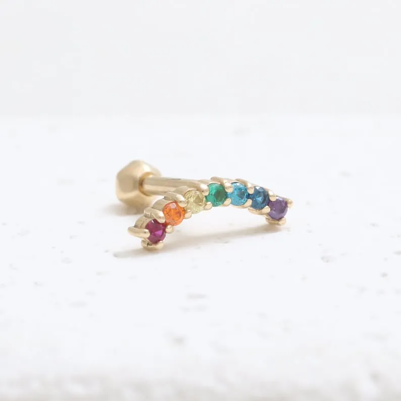 14K 18K Solid Gold Rainbow Cz Curved Bar Ear Stud Cartilage Tragus Helix Barbell Piercing