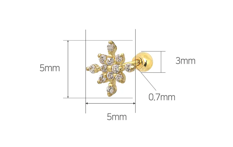 14k Solid Gold Minimal Snowflake Barbell Ball Ear Post Stud Earring Piercing