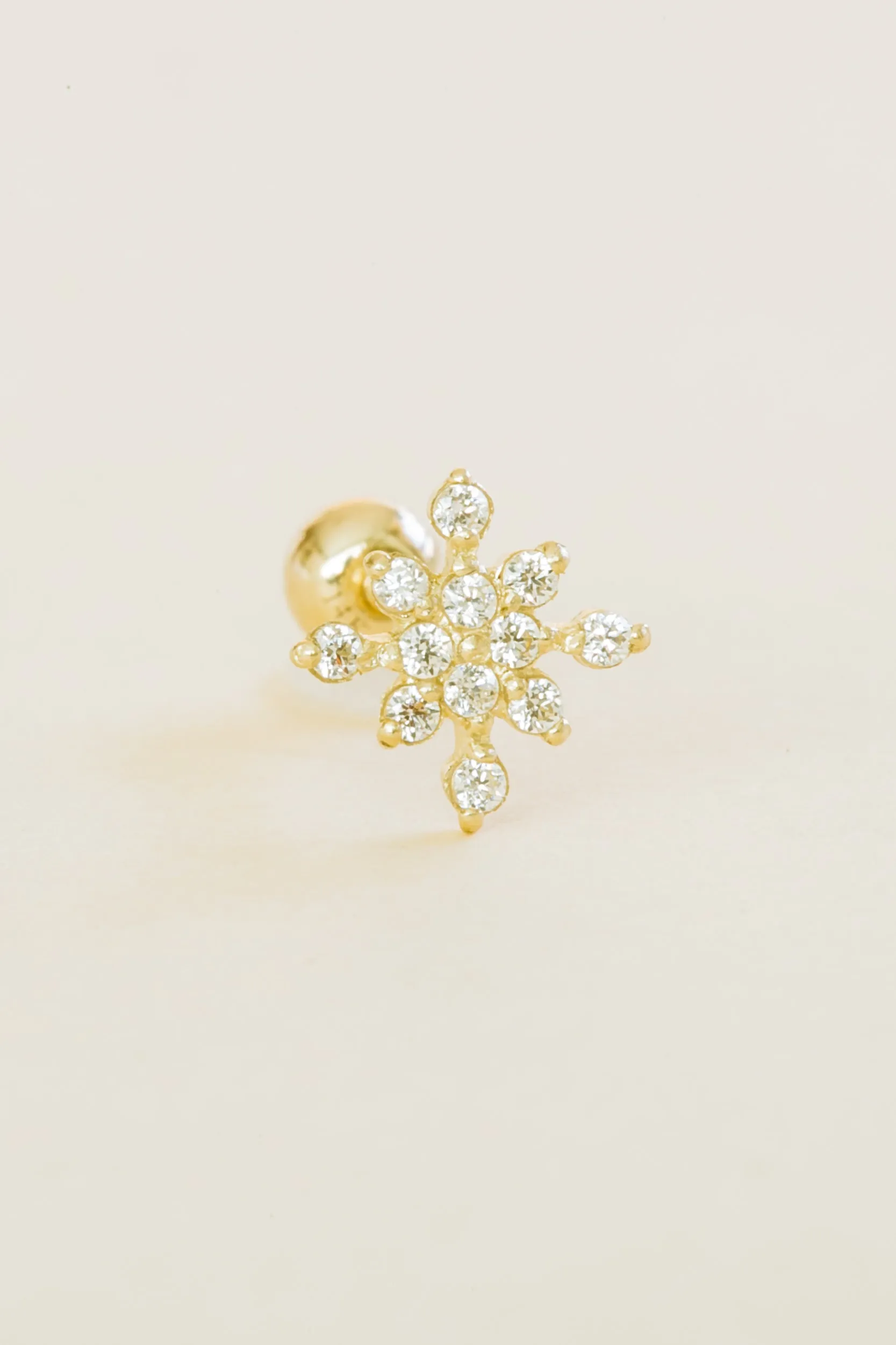 14k Solid Gold Minimal Snowflake Barbell Ball Ear Post Stud Earring Piercing