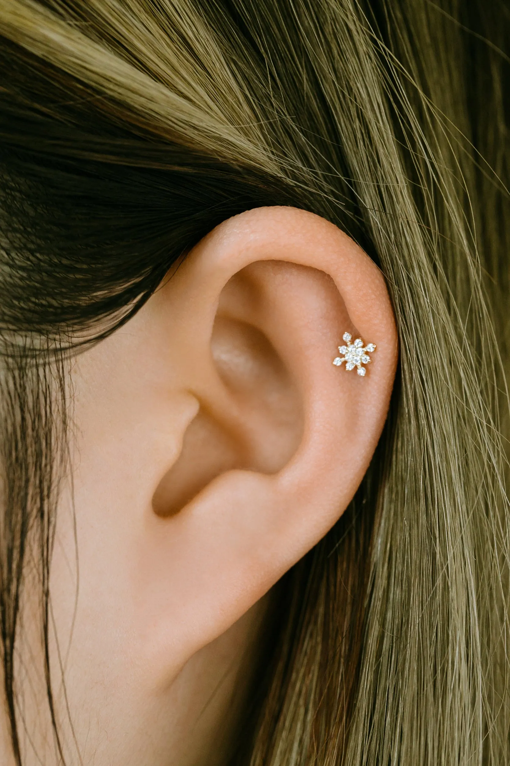 14k Solid Gold Minimal Snowflake Barbell Ball Ear Post Stud Earring Piercing