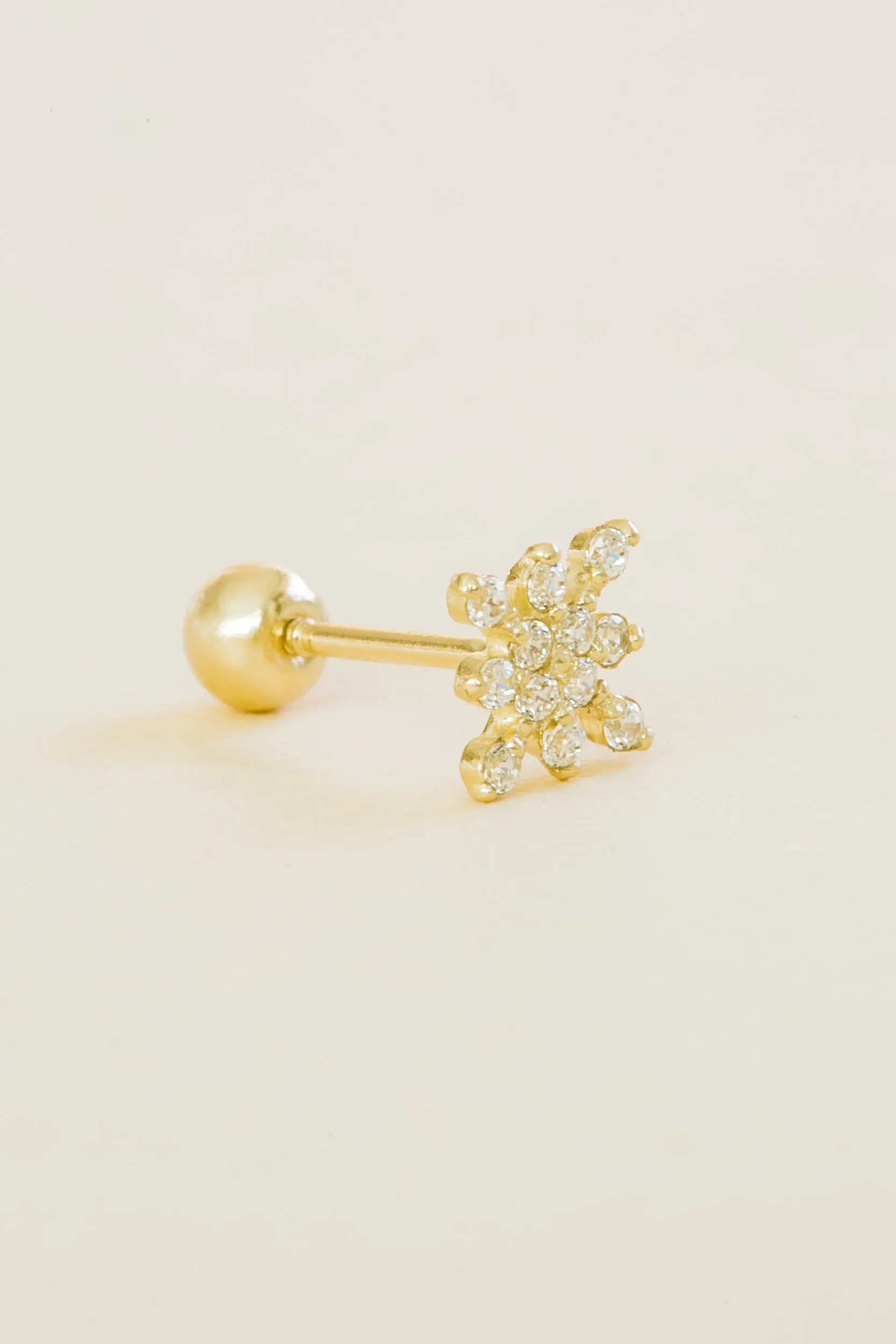 14k Solid Gold Minimal Snowflake Barbell Ball Ear Post Stud Earring Piercing