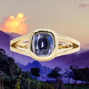 1.50ct Bicolor Purple Cushion Cut Sapphire Split Shank Bezel Ring with Milgrain in 14k Yellow Gold