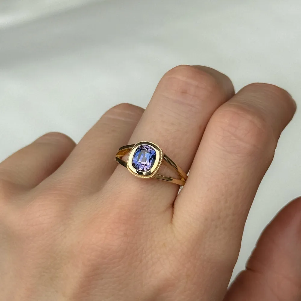 1.50ct Bicolor Purple Cushion Cut Sapphire Split Shank Bezel Ring with Milgrain in 14k Yellow Gold