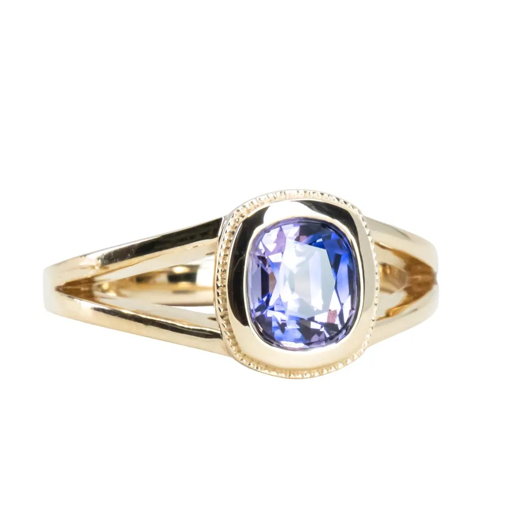 1.50ct Bicolor Purple Cushion Cut Sapphire Split Shank Bezel Ring with Milgrain in 14k Yellow Gold