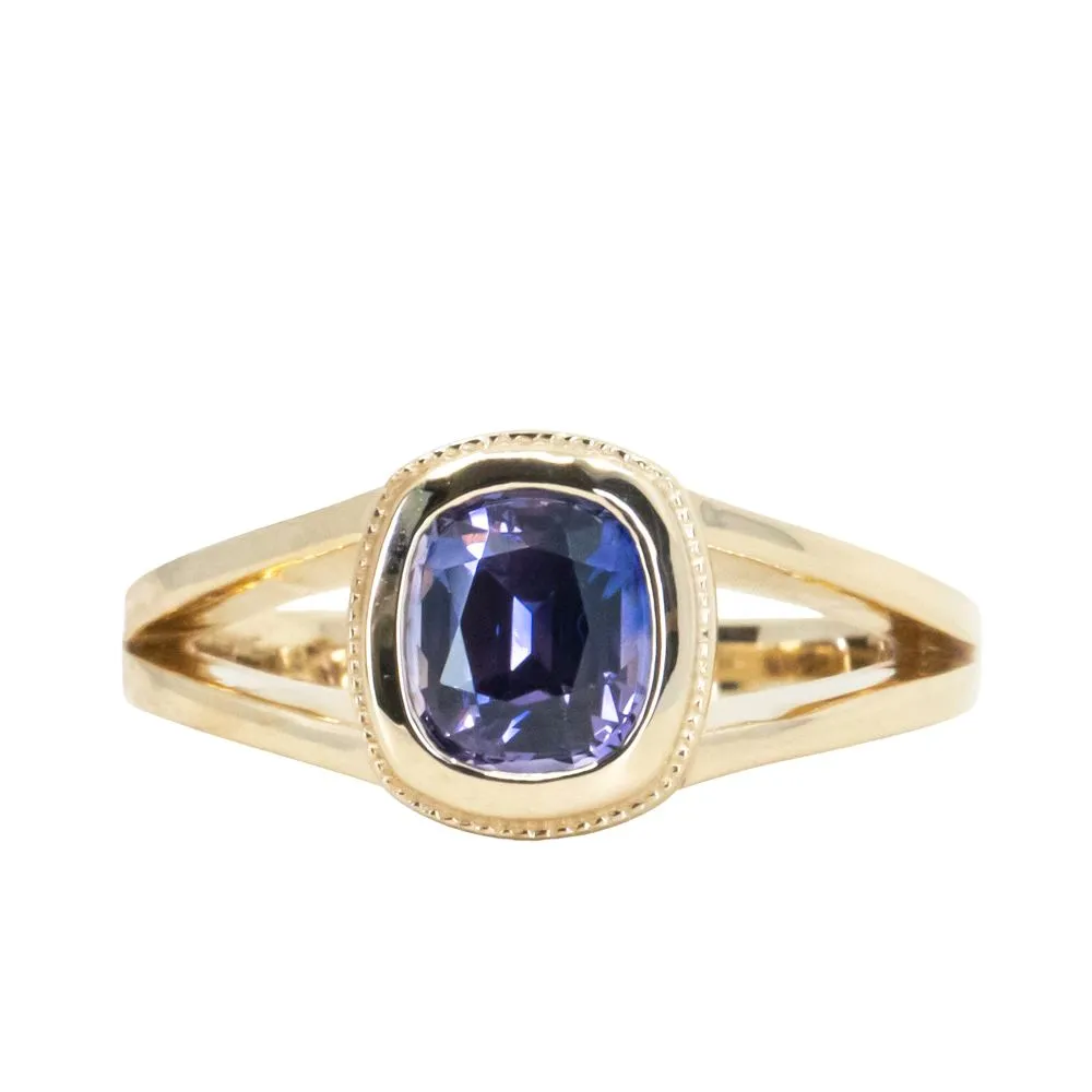 1.50ct Bicolor Purple Cushion Cut Sapphire Split Shank Bezel Ring with Milgrain in 14k Yellow Gold