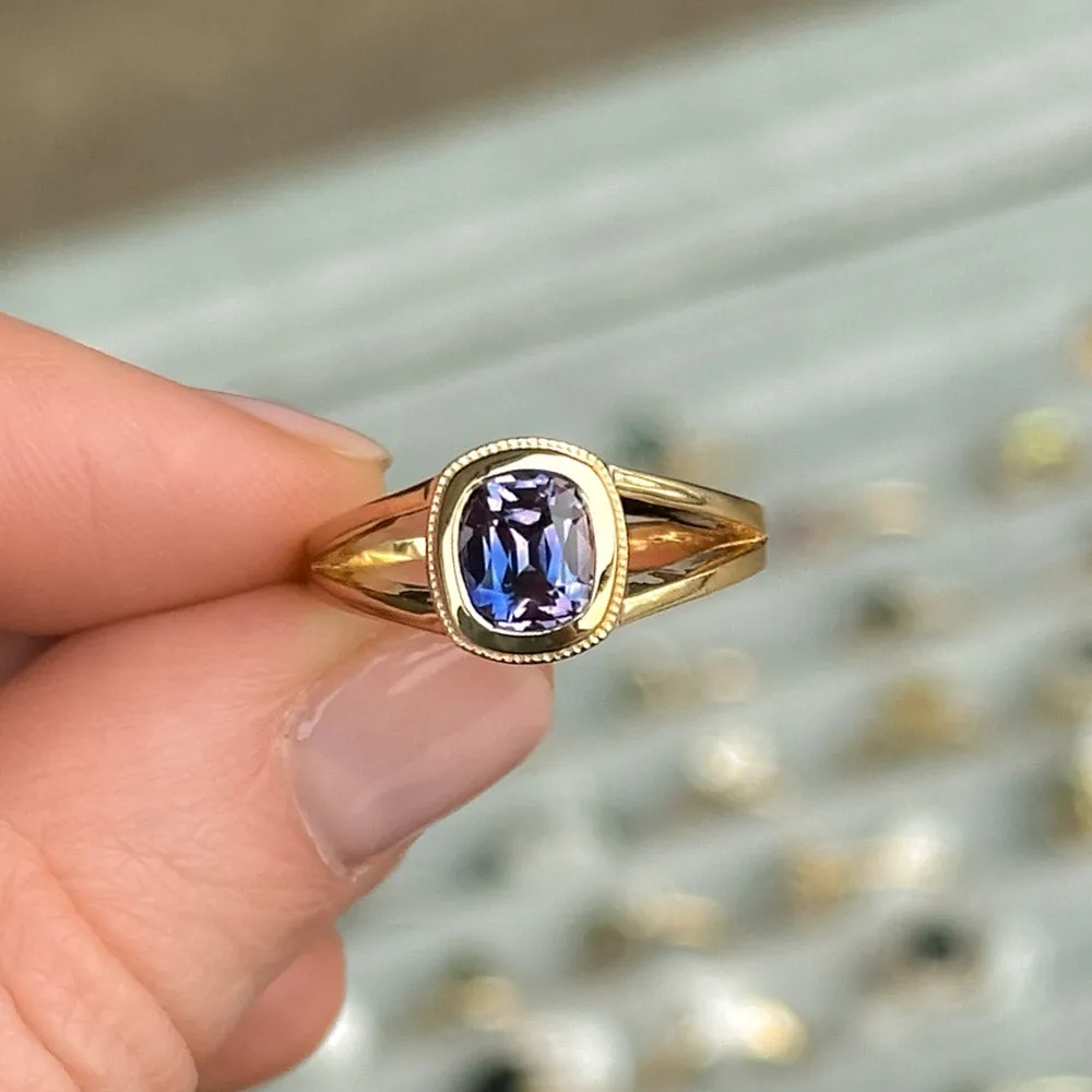 1.50ct Bicolor Purple Cushion Cut Sapphire Split Shank Bezel Ring with Milgrain in 14k Yellow Gold