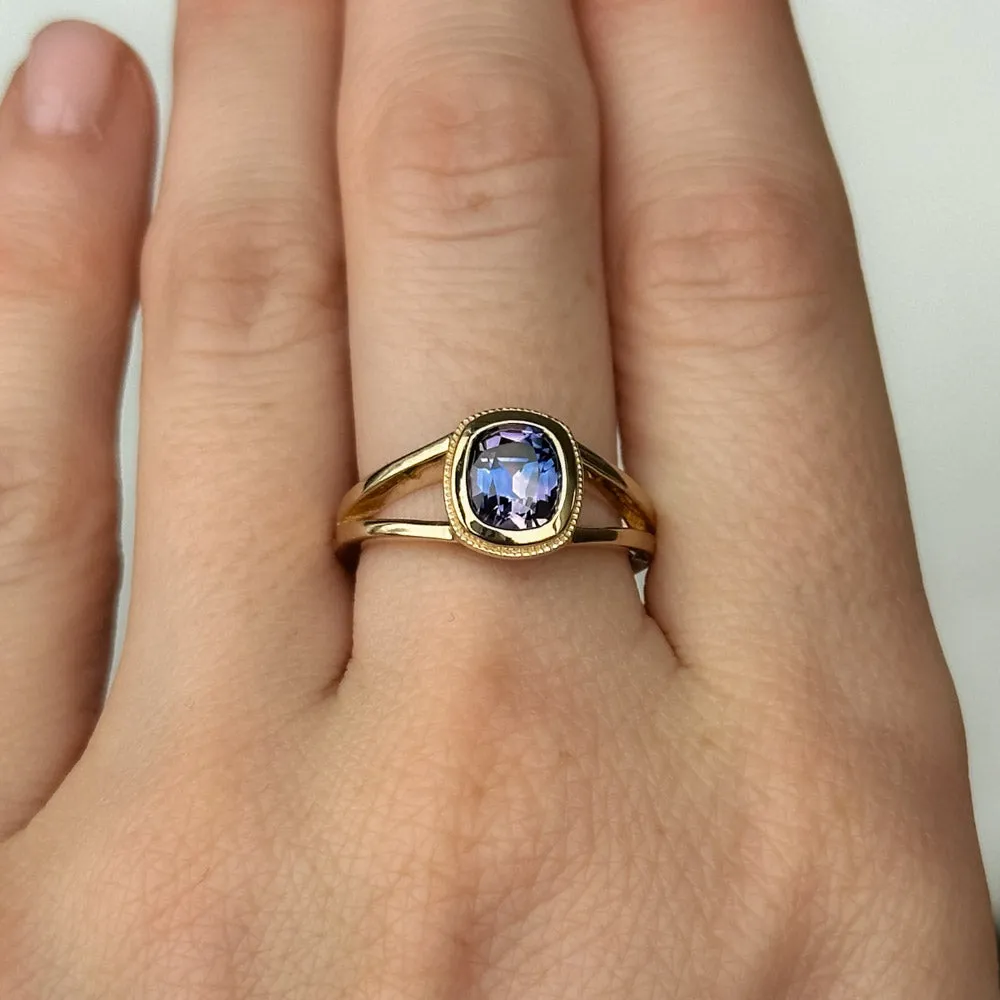 1.50ct Bicolor Purple Cushion Cut Sapphire Split Shank Bezel Ring with Milgrain in 14k Yellow Gold