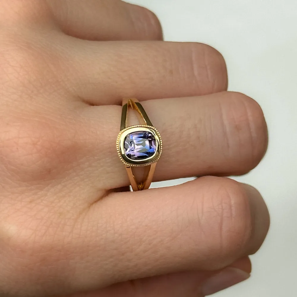 1.50ct Bicolor Purple Cushion Cut Sapphire Split Shank Bezel Ring with Milgrain in 14k Yellow Gold