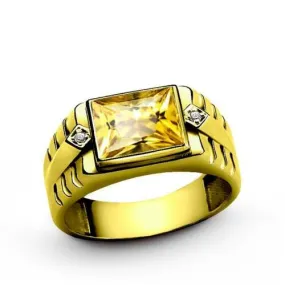 18K Solid Yellow Gold Citrine Ring For Man and 2 DIAMOND Accents