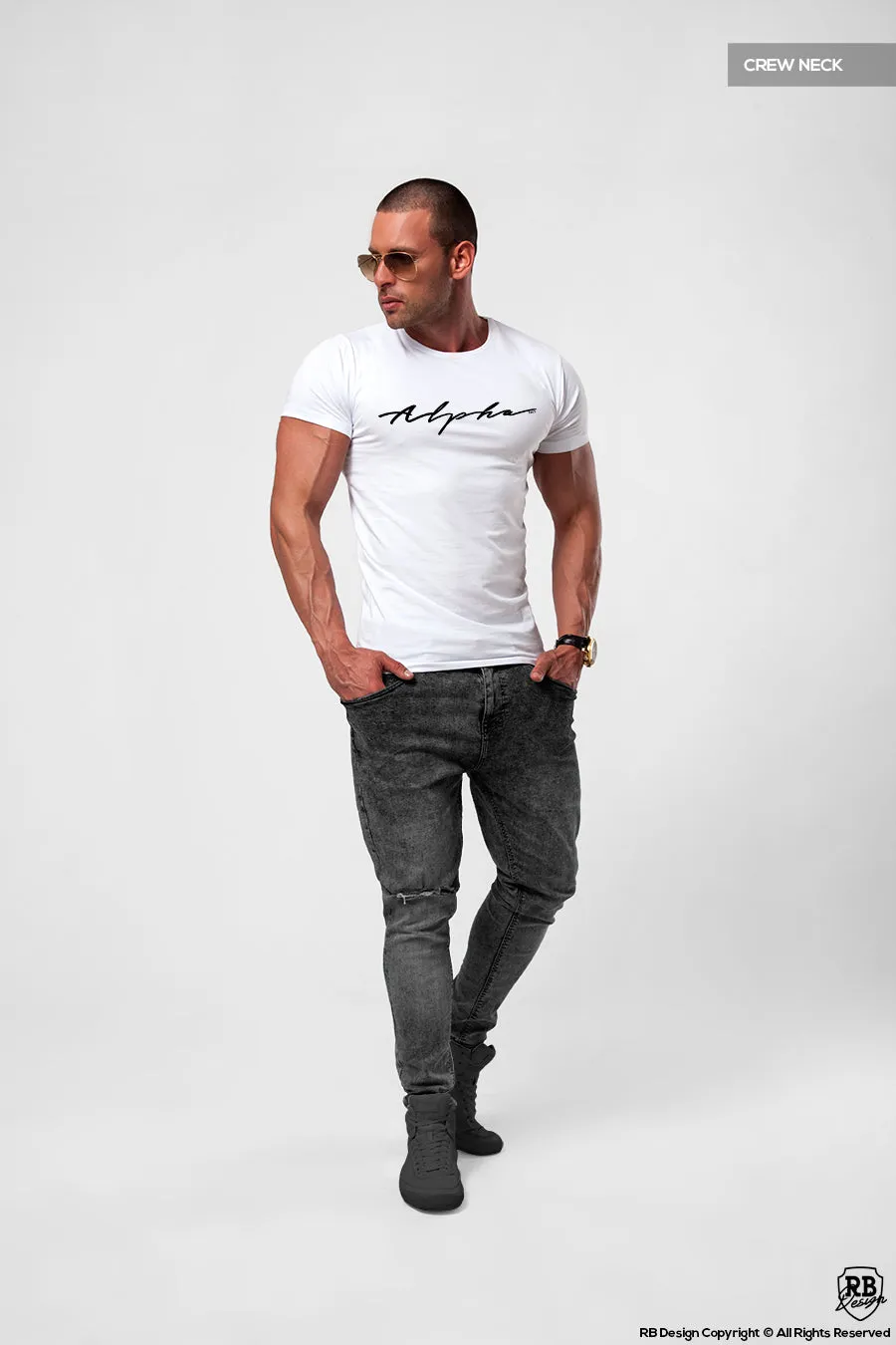 Alpha Men's Casual Fashion White T-shirt HQ Stretch Cotton Tee MD885 BL