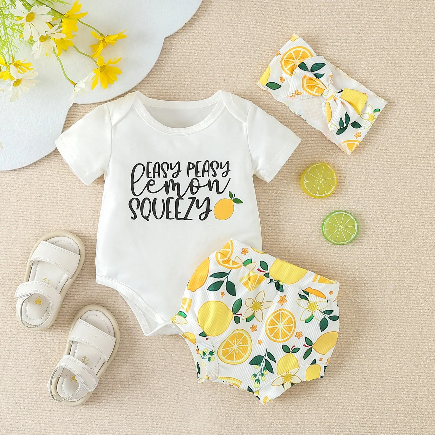 Baby Girls Letters Fruit Print Shorts Rompers Wholesale 24030160