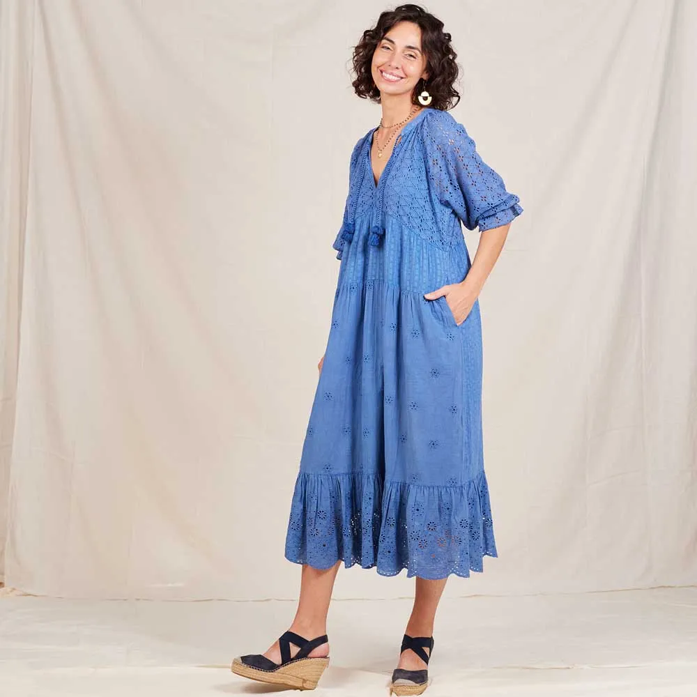 Blue Eyelet Long Tiered Dress