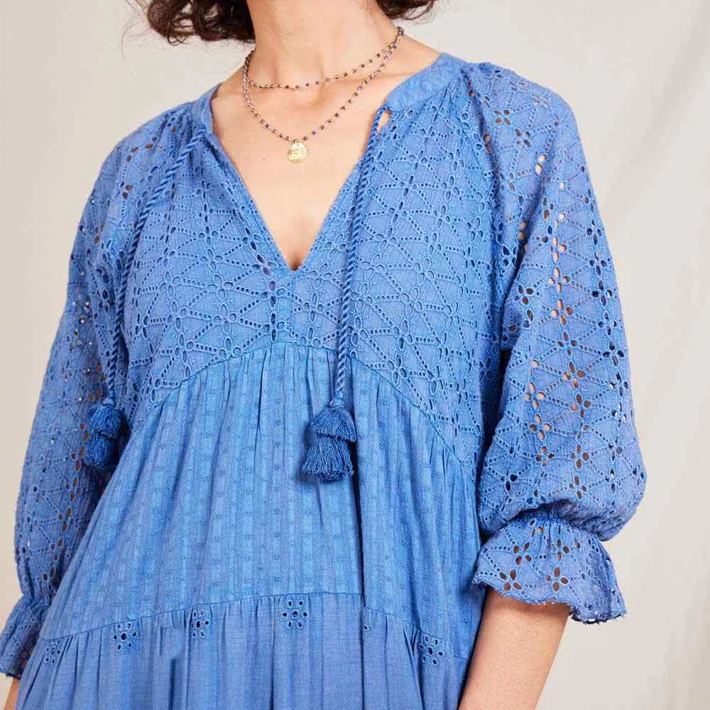 Blue Eyelet Long Tiered Dress