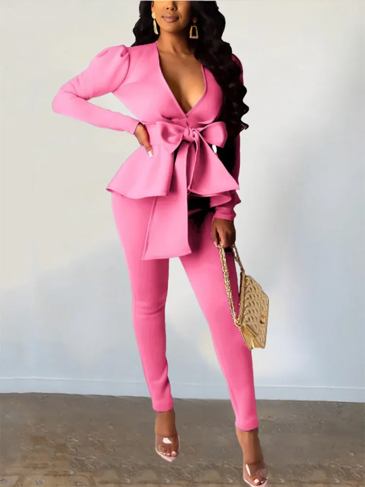 Bow Tie Blazer Pants Set