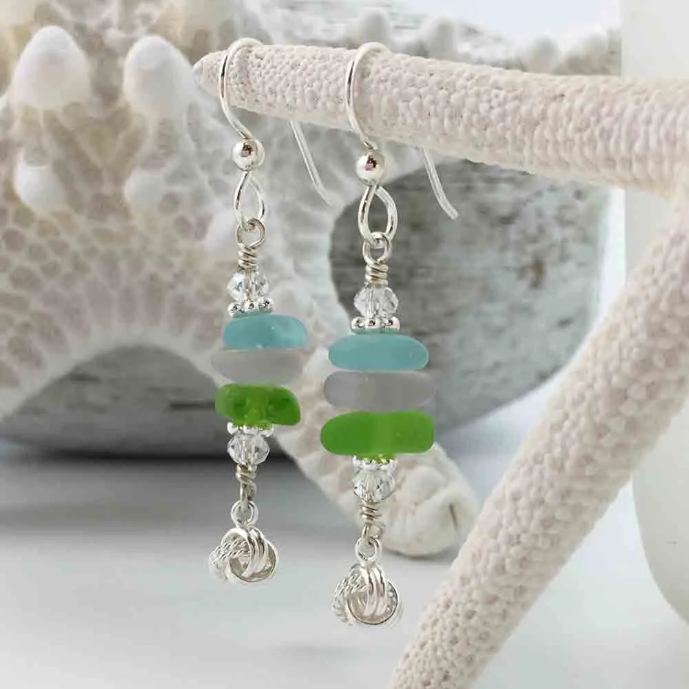 Bright Pastels Sea Glass Sea Stack Earrings with Love Knot Charms | #3002