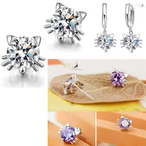 Cubic Zirconia Cat Earrings - Stud or Dangling - Your Choice! (Solid 925 Sterling Silver)