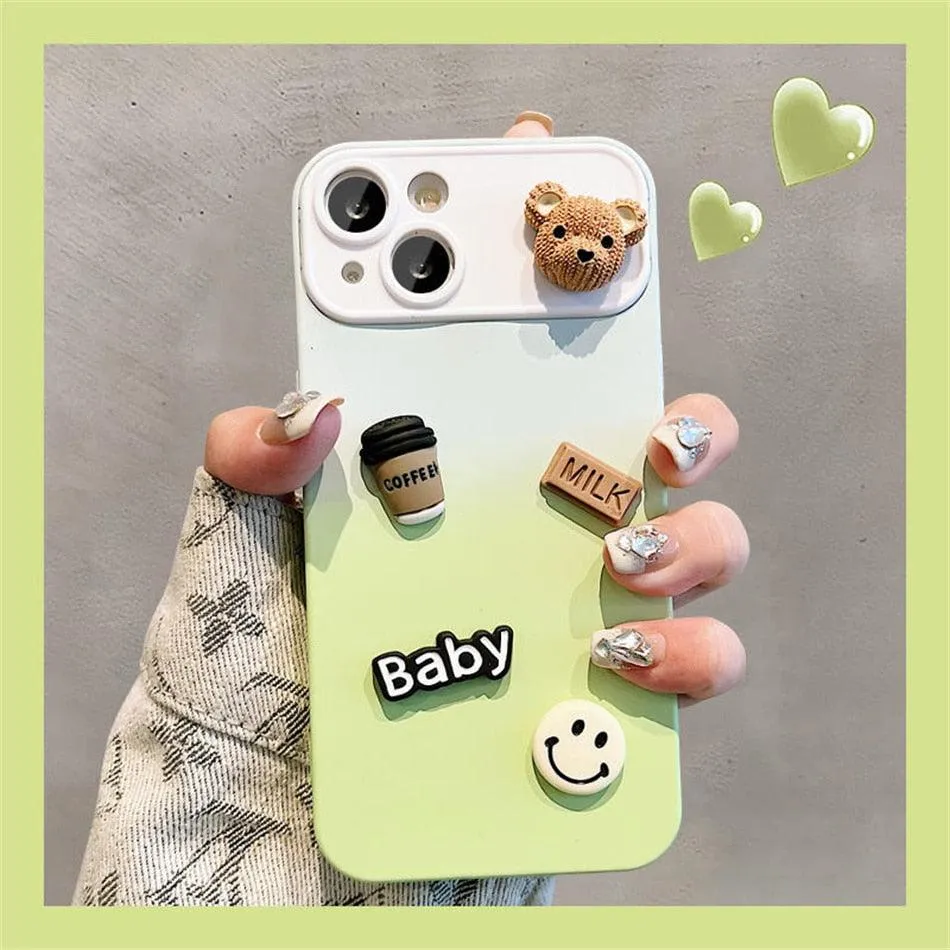 Cute Gradient 3D Coffee Bear Phone Case - For iPhone 14, 13, 12, 11 Pro Max, X, XR, XS Max Cover