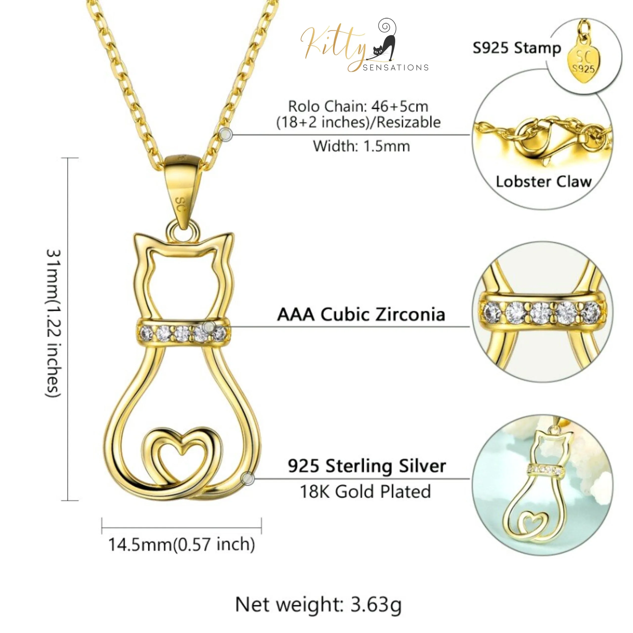 Doodle Cat with CZ Collar Necklace in Solid 925 Sterling Silver (18K Gold Plated)