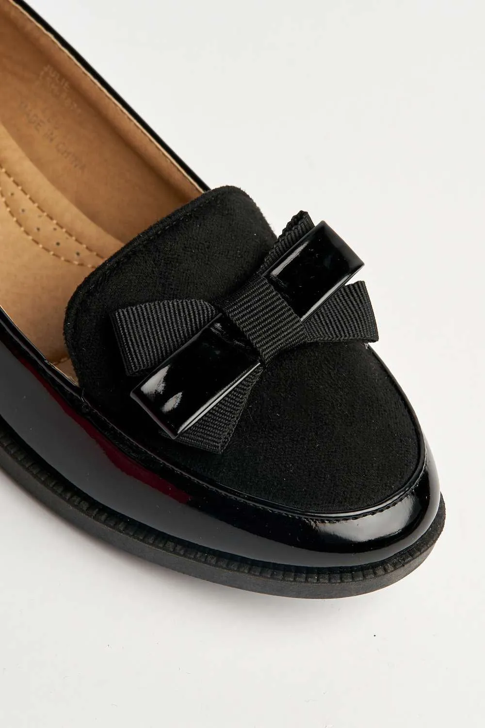 Eirina Bow Detail Flat Loafers in Black Patent