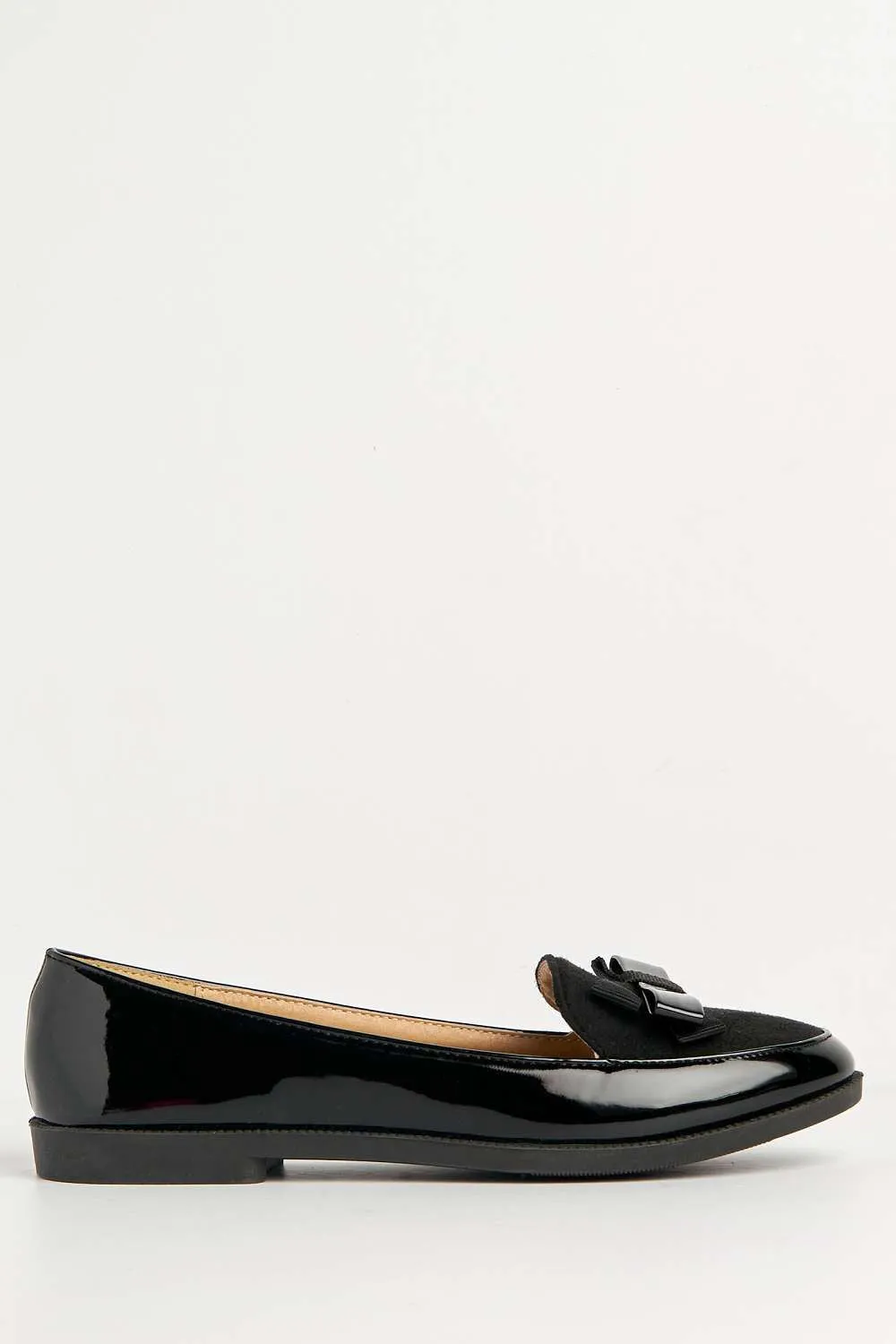 Eirina Bow Detail Flat Loafers in Black Patent