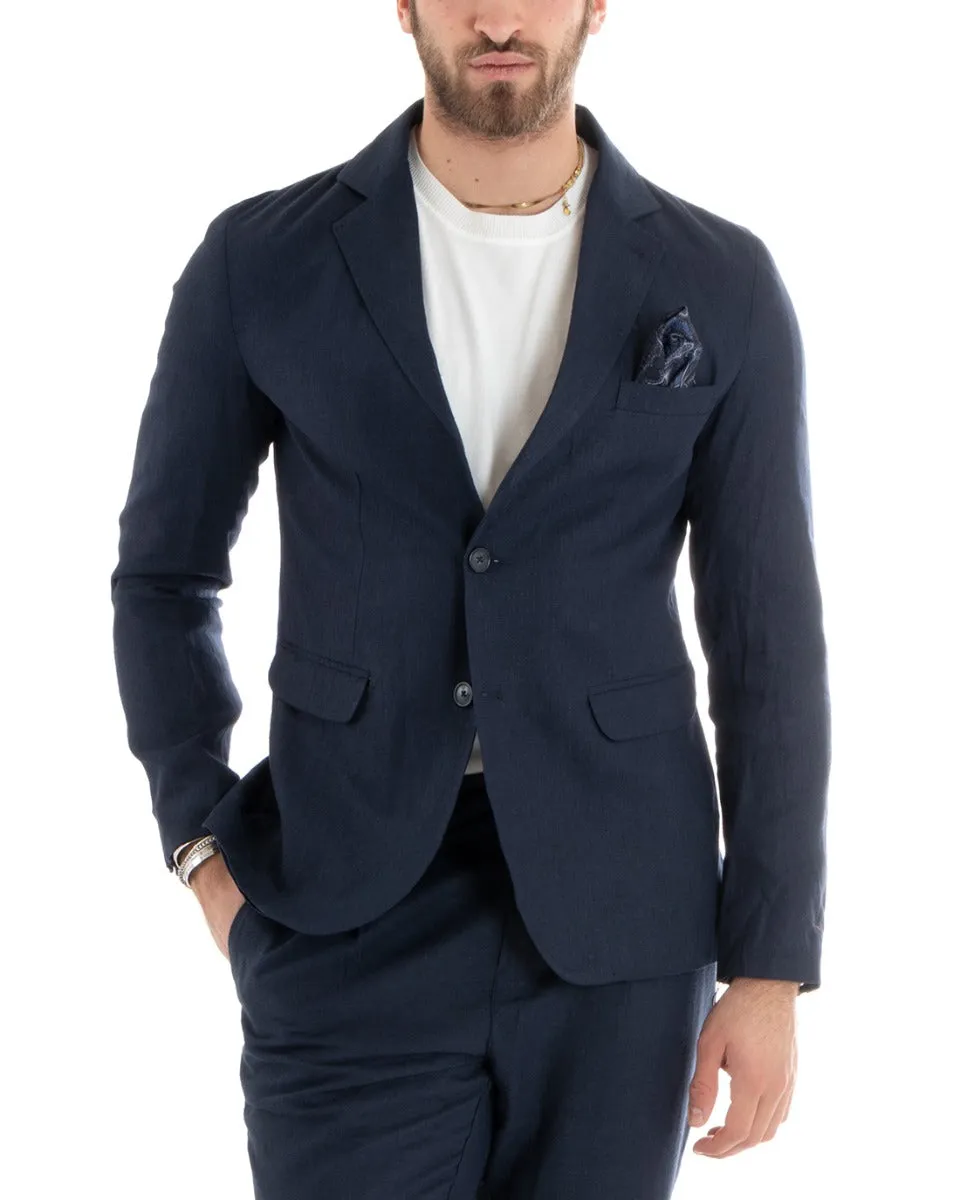 Giacca Uomo Monopetto Lino Tinta Unita Blu Sartoriale Cerimonia Elegante Casual GIOSAL-G3055A