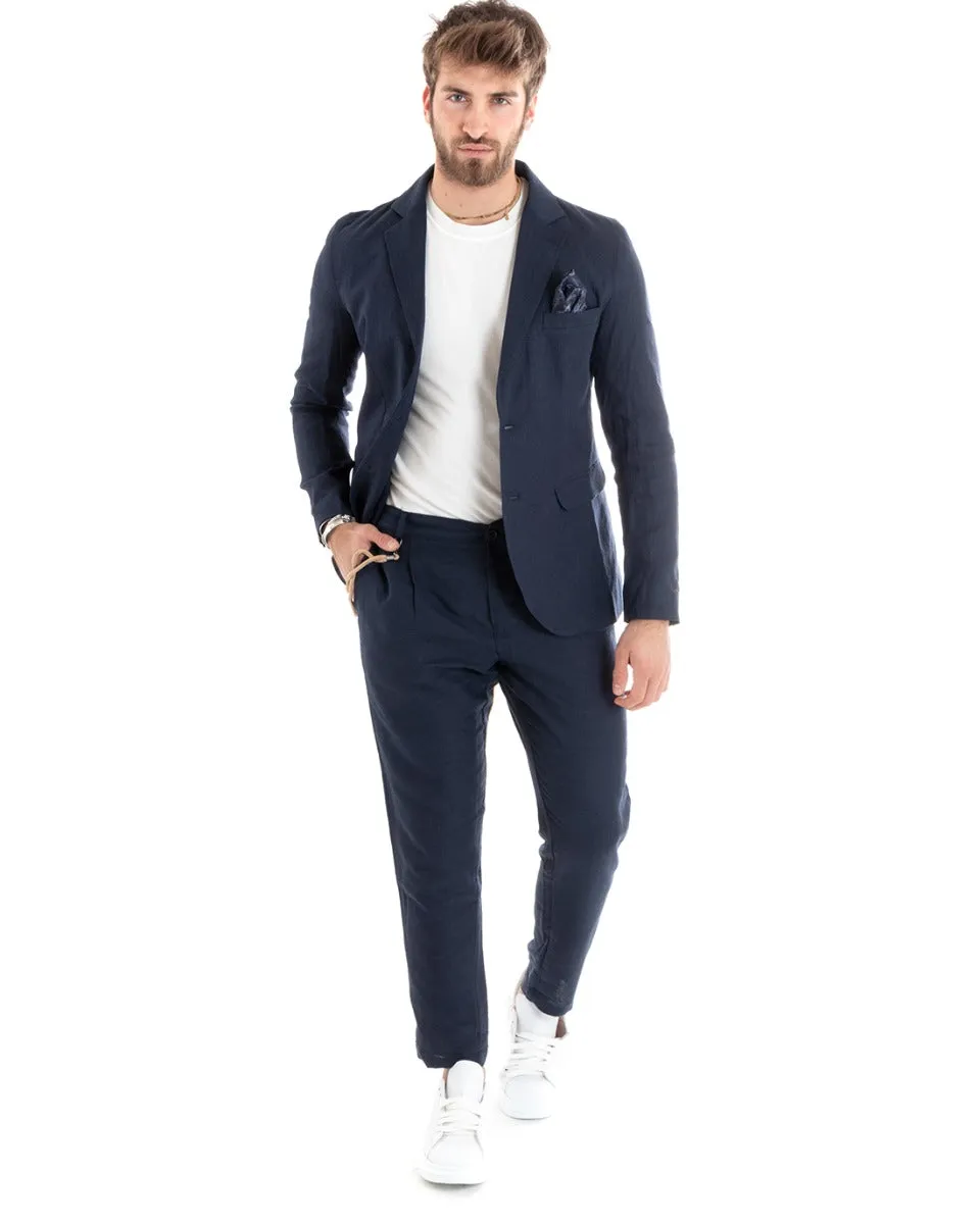 Giacca Uomo Monopetto Lino Tinta Unita Blu Sartoriale Cerimonia Elegante Casual GIOSAL-G3055A