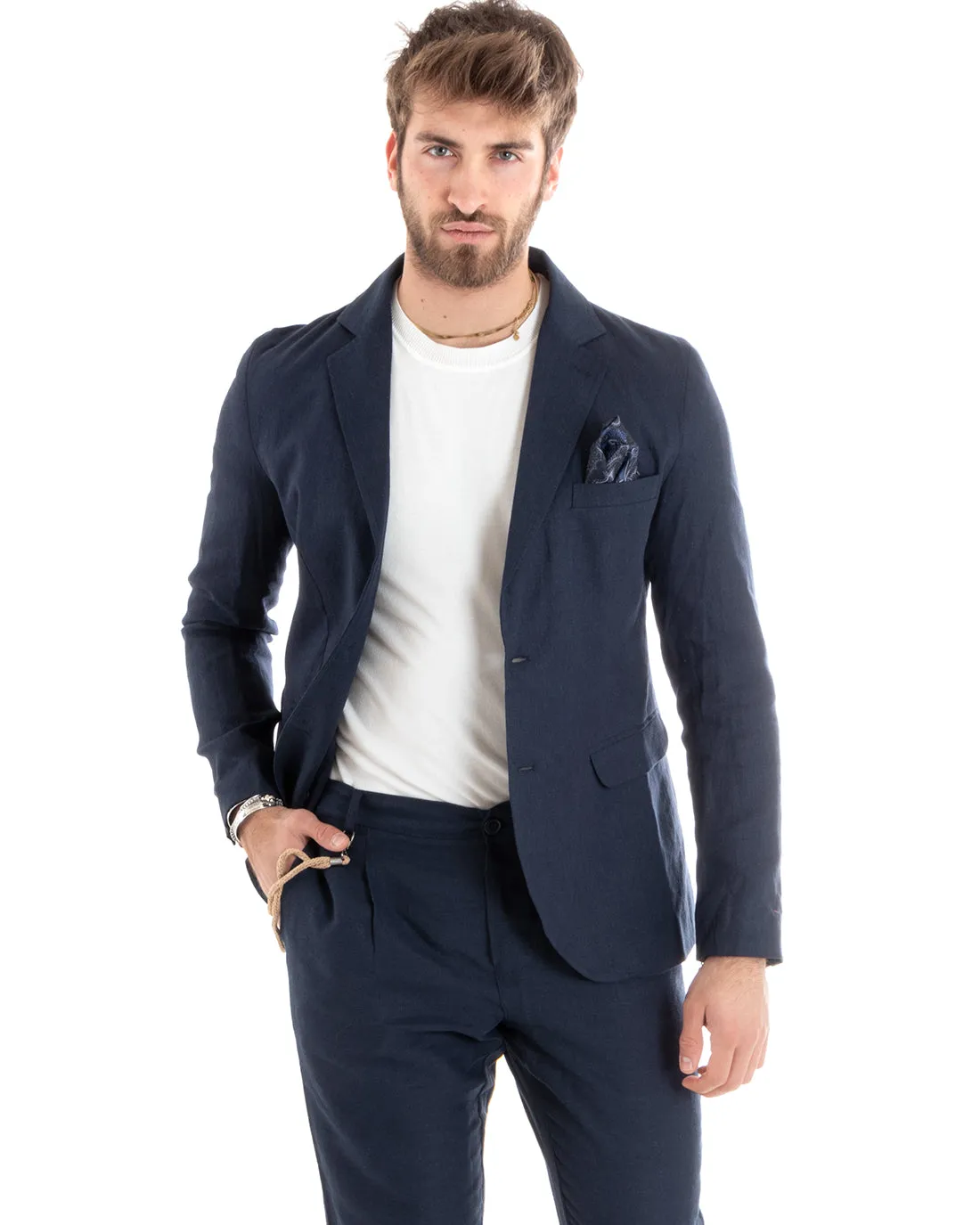 Giacca Uomo Monopetto Lino Tinta Unita Blu Sartoriale Cerimonia Elegante Casual GIOSAL-G3055A