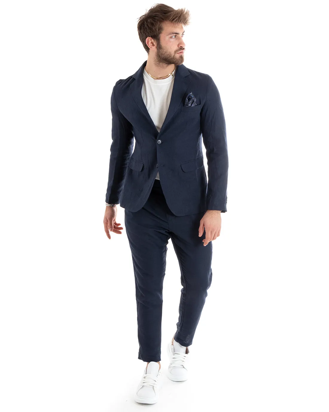 Giacca Uomo Monopetto Lino Tinta Unita Blu Sartoriale Cerimonia Elegante Casual GIOSAL-G3055A