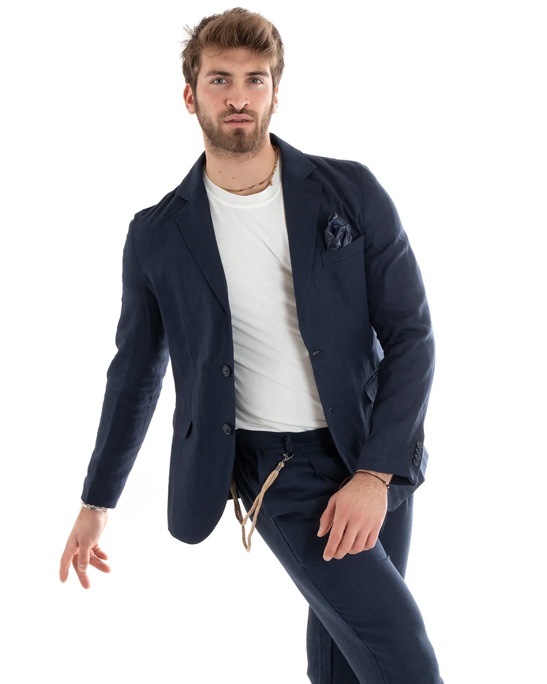 Giacca Uomo Monopetto Lino Tinta Unita Blu Sartoriale Cerimonia Elegante Casual GIOSAL-G3055A