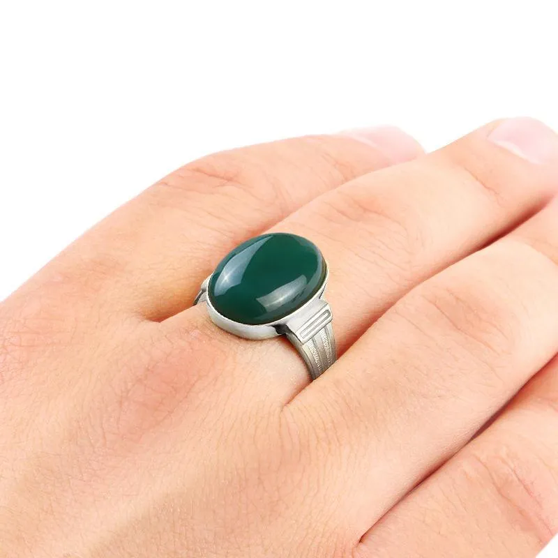 Handmade Ring for Men in Fine 10k White Gold with Genuine Green Agate Gemstone