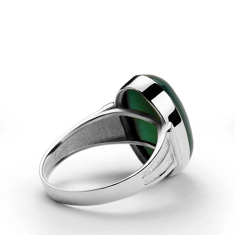 Handmade Ring for Men in Fine 10k White Gold with Genuine Green Agate Gemstone