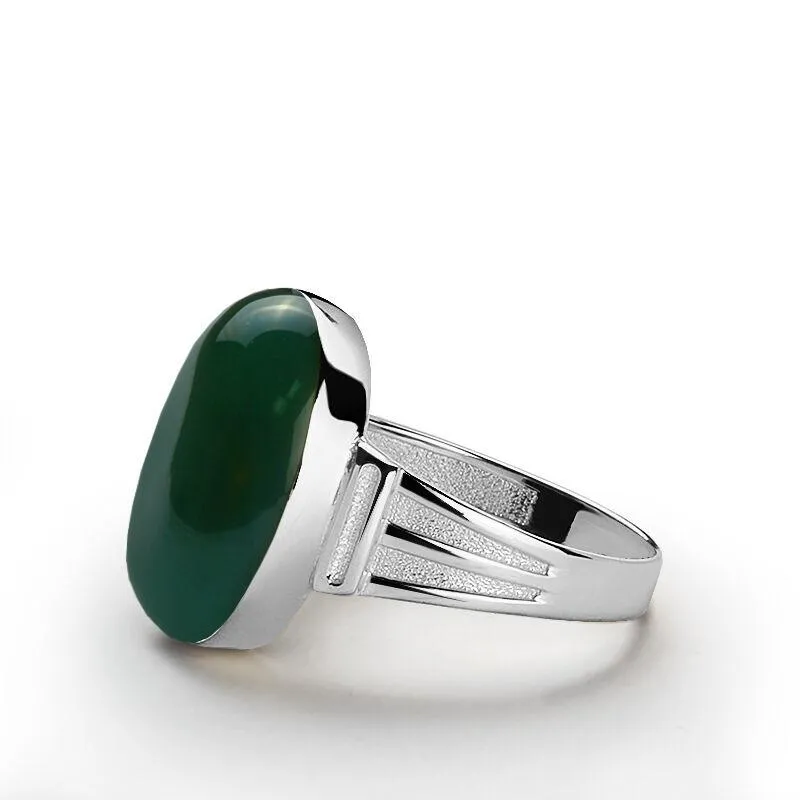 Handmade Ring for Men in Fine 10k White Gold with Genuine Green Agate Gemstone