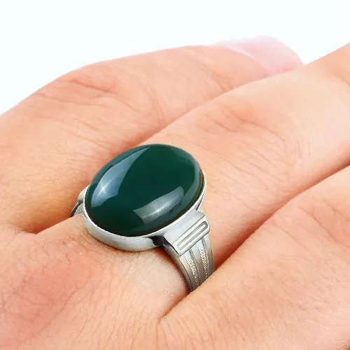 Handmade Ring for Men in Fine 10k White Gold with Genuine Green Agate Gemstone