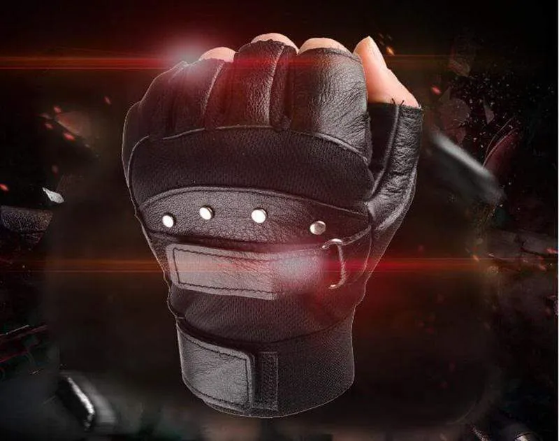 Men's Army Military Tactical Half Finger Leather Fitness Gloves Bike Sport Gloves Gym Exercise Men Black Rivets Punk Gloves G135