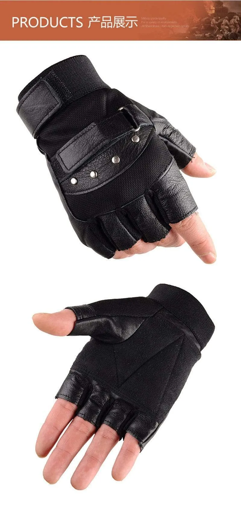 Men's Army Military Tactical Half Finger Leather Fitness Gloves Bike Sport Gloves Gym Exercise Men Black Rivets Punk Gloves G135