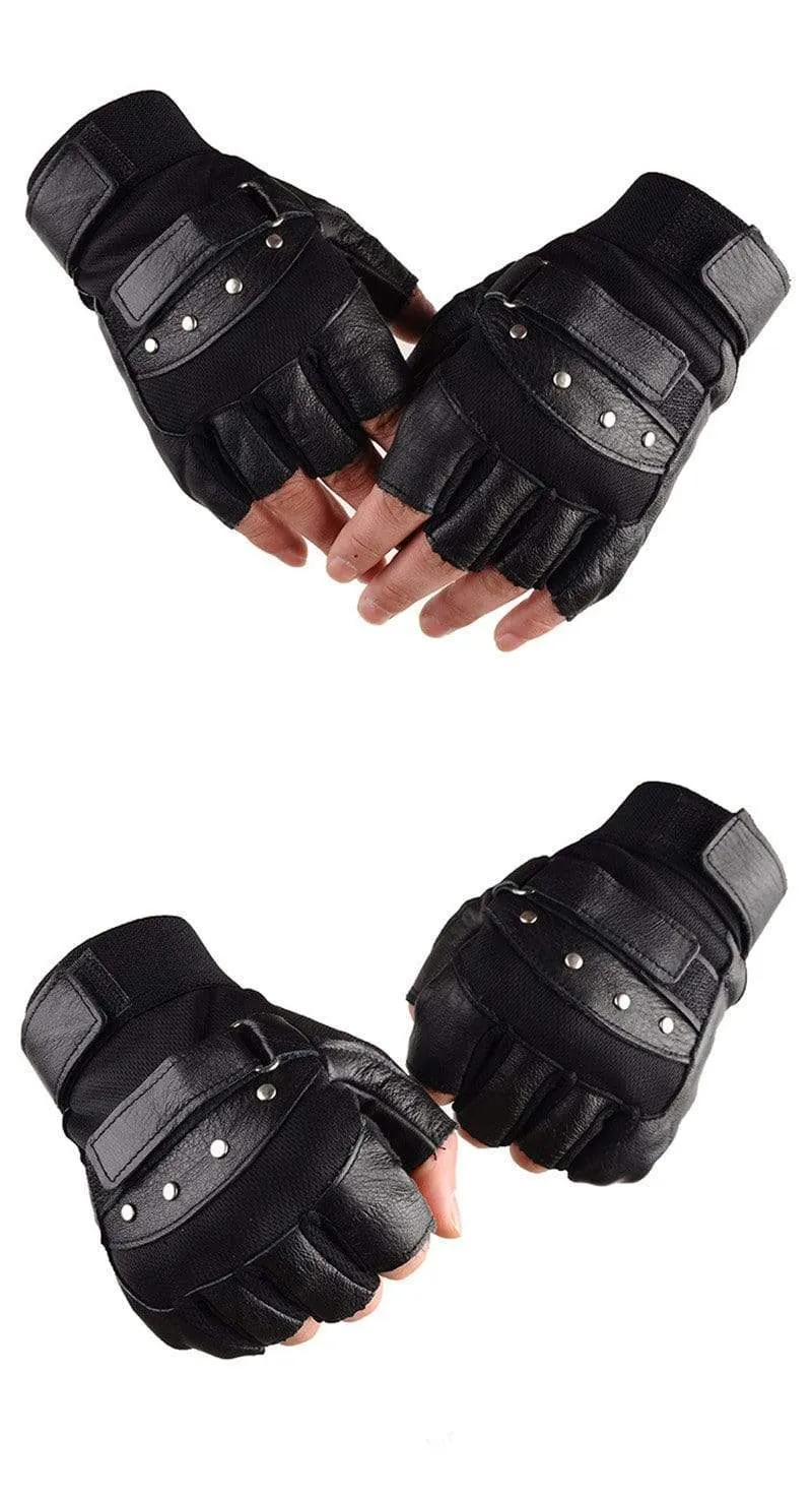 Men's Army Military Tactical Half Finger Leather Fitness Gloves Bike Sport Gloves Gym Exercise Men Black Rivets Punk Gloves G135