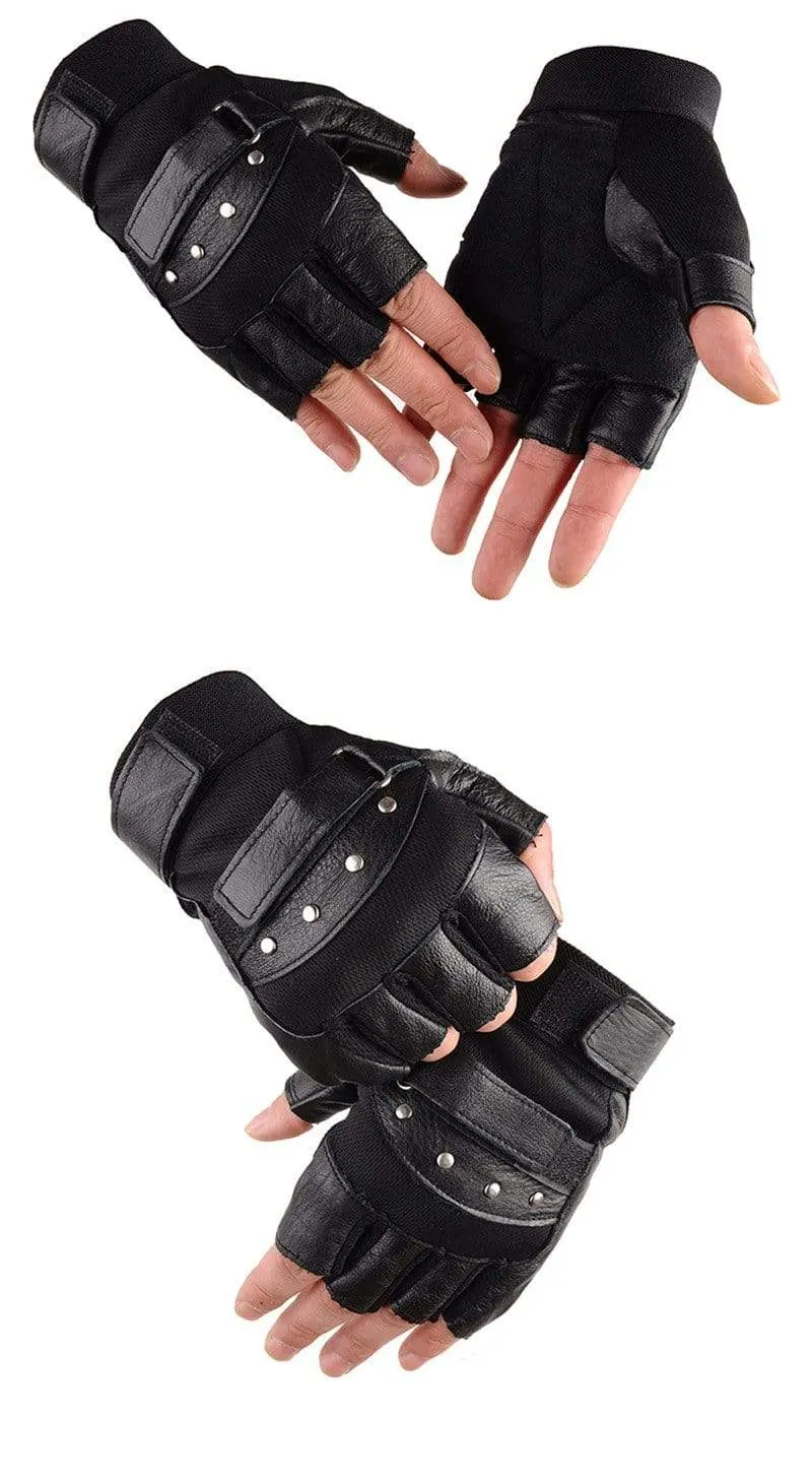 Men's Army Military Tactical Half Finger Leather Fitness Gloves Bike Sport Gloves Gym Exercise Men Black Rivets Punk Gloves G135