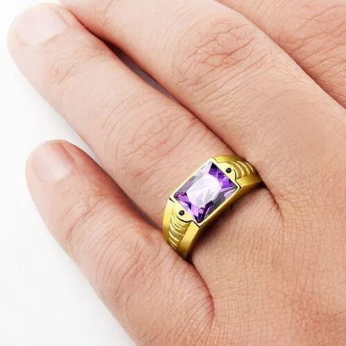 Men's Ring in Solid 10K Yellow Fine GOLD with Amethyst Gemstone