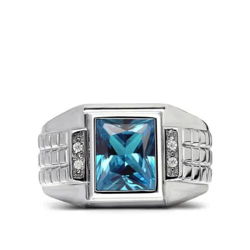 Men's Solid 14K Real White Gold Aquamarine Ring 4 Natural Diamonds Ring