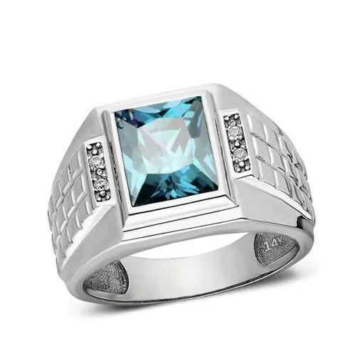 Men's Solid 14K Real White Gold Aquamarine Ring 4 Natural Diamonds Ring