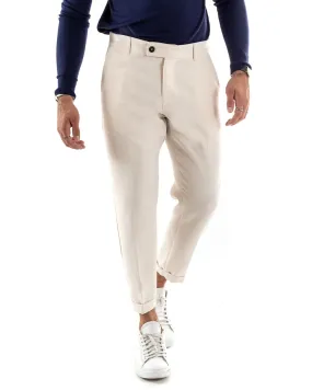 Pantaloni Uomo Tasca America Classico Panna Melangiato Abbottonatura Allungata Casual GIOSAL-P5912A