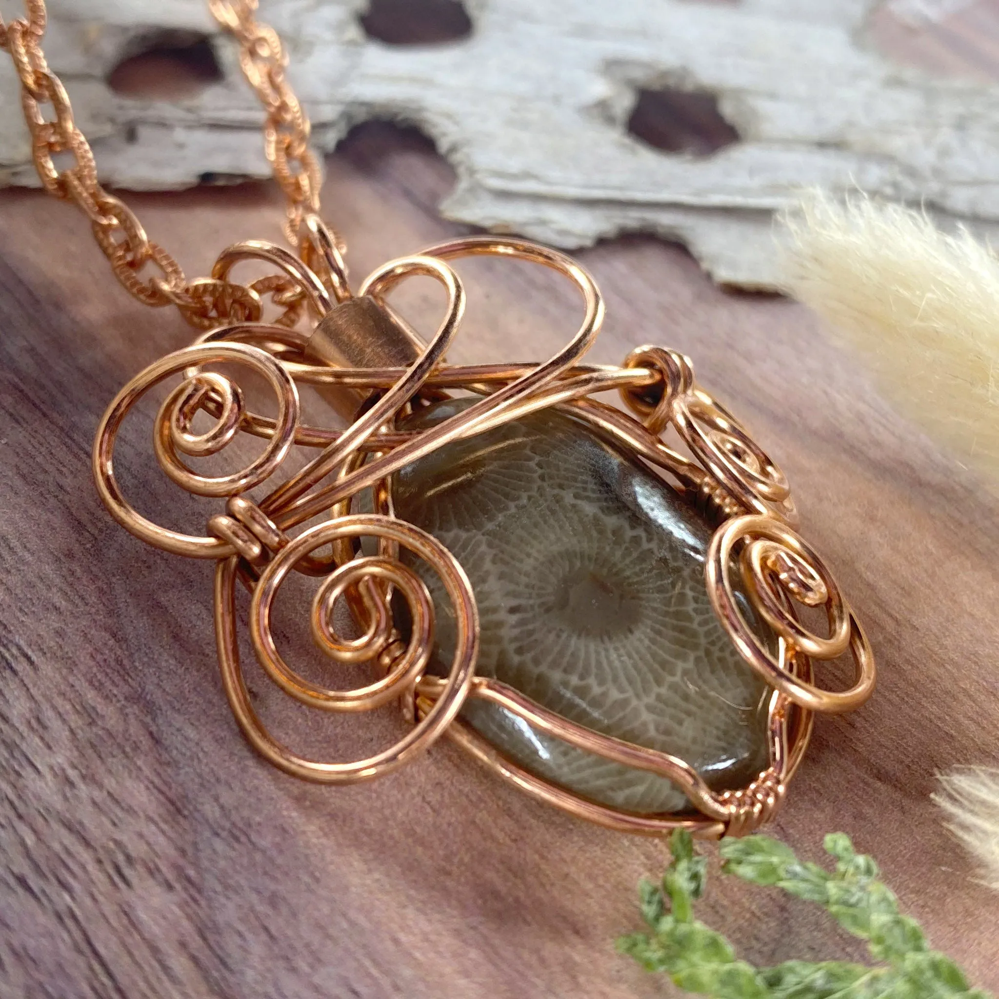 Petoskey Stone Wire-Wrapped Pendant Necklace