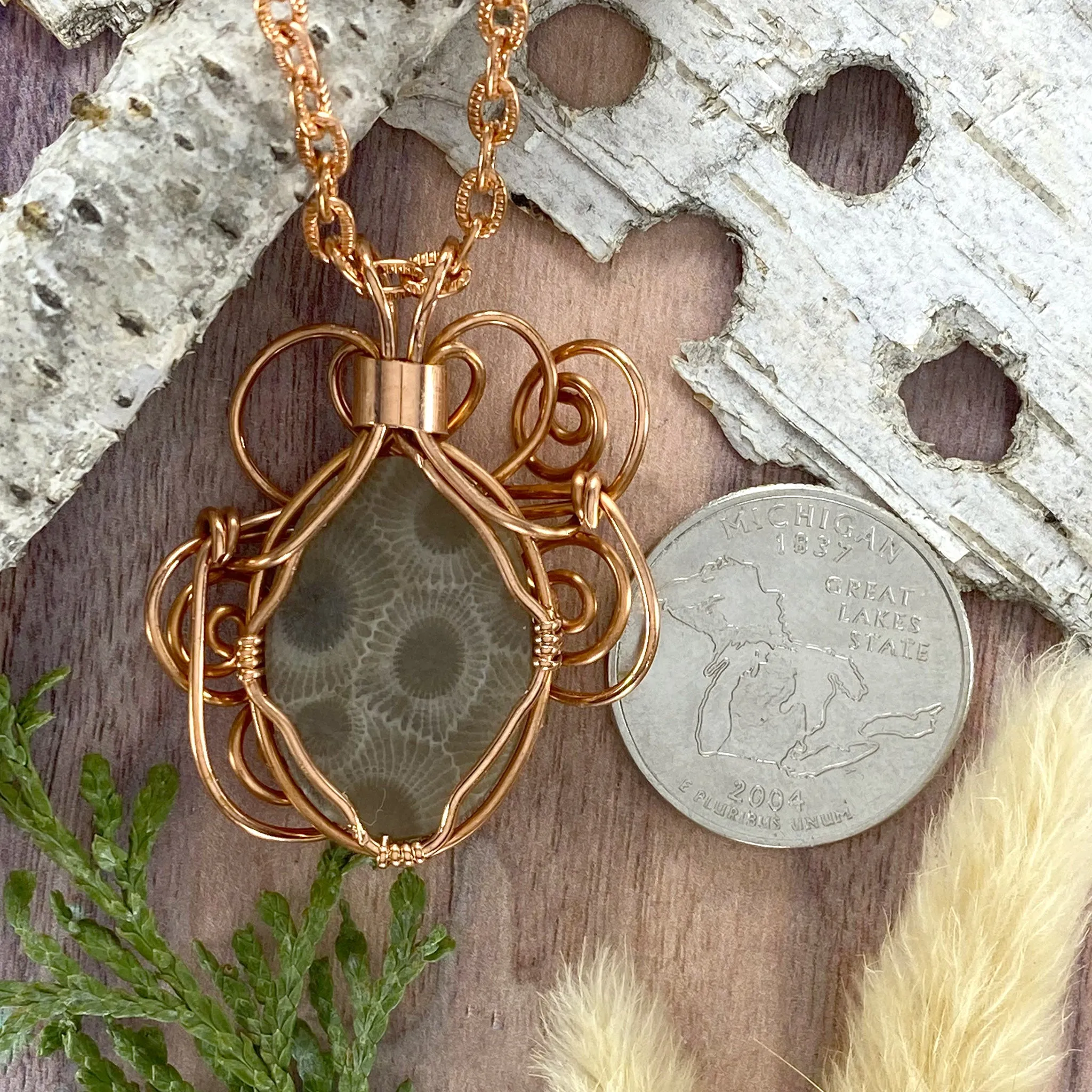 Petoskey Stone Wire-Wrapped Pendant Necklace