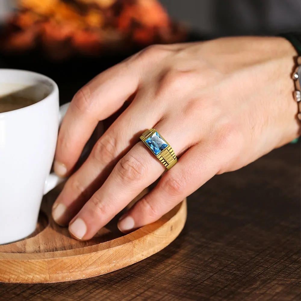 Solid 14k Stamped Yellow Gold Mens Modern Band Ring with Topaz Gemstone