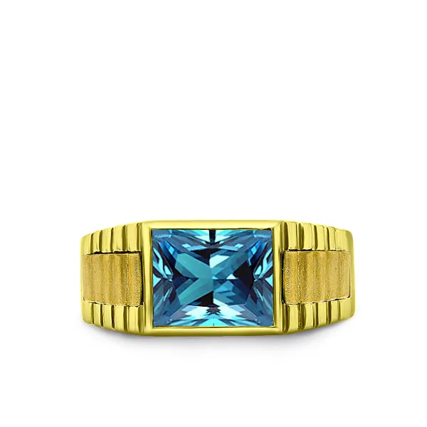 Solid 14k Stamped Yellow Gold Mens Modern Band Ring with Topaz Gemstone