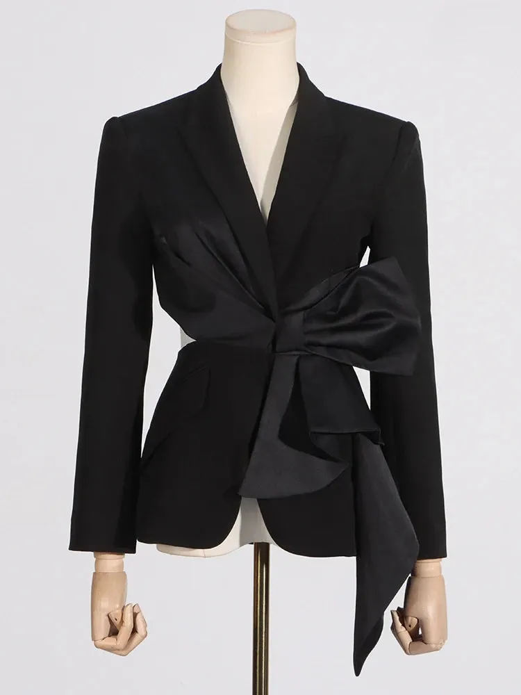 Temperament Black Notched Collar Long Sleeve Spliced Diamonds Sexy Slimming Blazer