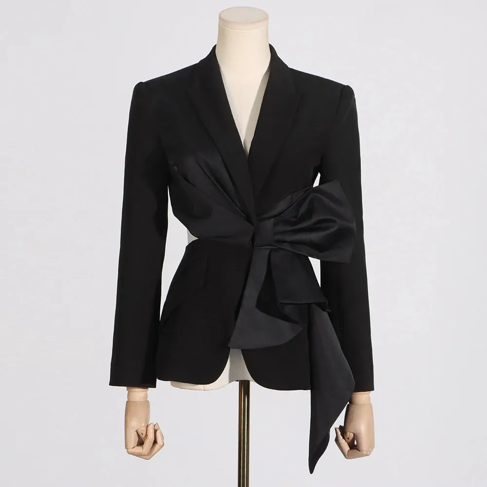 Temperament Black Notched Collar Long Sleeve Spliced Diamonds Sexy Slimming Blazer