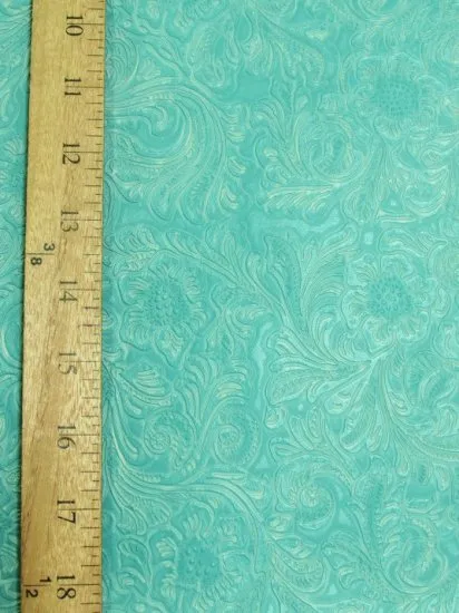 Vintage Western Floral Pu Leather Fabric / Caribbean Blue / By The Roll - 30 Yards